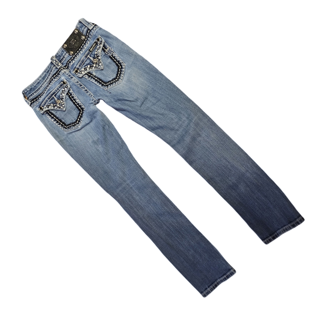 Miss Me Blue Straight Leg Jeans with Rhinestone Embellishments - Picture 4 of 8